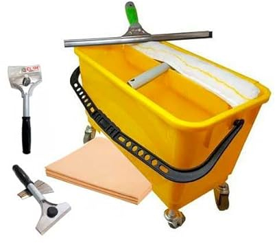 Clim Profesional Kit Limpia Cristales Completo con Cubo Escurridor, Mojador 35cm, Rasqueta 35cm, Bayeta y Rascadores. Limpieza de Cristales de Calidad