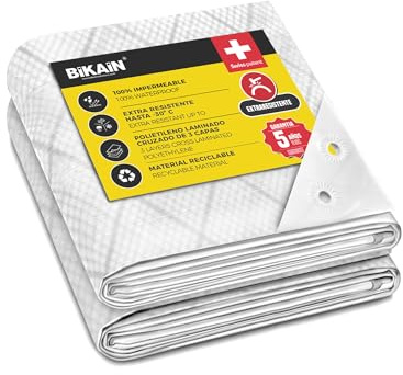 Bikain - Lona Impermeable Exterior - 6x10 Metros - 90g/m2 Reforzada - Argollas Antidesgarro - Toldo 100% Impermeable y 100% Protección UV - Cubretodo Múltiples Usos - 3 Capas Laminado Cruzado