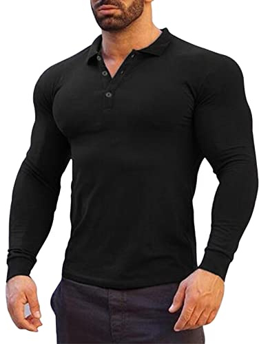 Hombres Manga Larga Casual Camisetas tee con Camisas de Polo Elástico Algodón Negro M