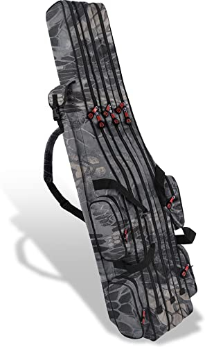 normani Fishing Sports Rutentasche Anglertasche 160 cm Länge mit 3 Kammern bis 6 Ruten für Angelruten, Kescher und Rutenhalter Farbe Black-Camo Größe 1,60 m
