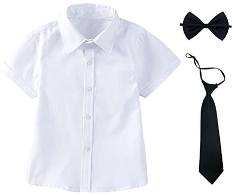 aromm Jungen Kleid Hemd mit Fliege und Krawatte Kurzarm Solide Knopf unten Oxford Shirt Weiß,9-10 Jahre