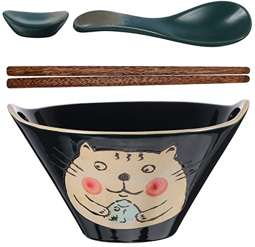 Kichvoe Ensemble de bols Ramen en céramique de 19 cm avec baguettes, cuillère et support de baguettes, bol à soupe, grand bol à nouilles
