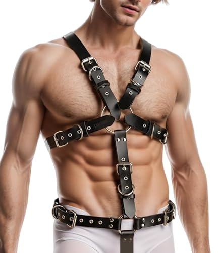 Pfylinqo Men's Punk Body Chest Harness Male PU Leather Harness with Cock Ring, Gothic Clothing Bandage Costumes Sexy Slave Clubwear, Sex Toy for Couples, Extreme Sex (Black)