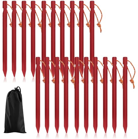 20 Stück Zelt Heringe, 18cm/7 Zeltheringe Sturmsicher Sandheringe Aluminium Heringe Zeltheringe Stabil Camping Heringes mit Seil Erdnägel Häringes für Camping Garten (Rot)