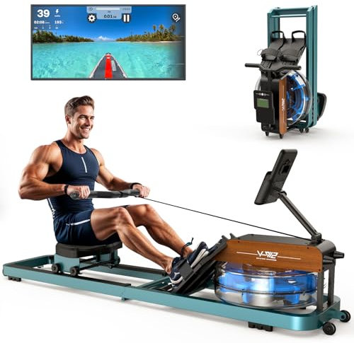 MettleMatic Rudergerät für Zuhause Klappbar, Bluetooth Rudergerät Wasser mit Verstellbarem Tablethalter, zu 98% Vormontierte Klappbare Rudergeräte, 160KG Belastbar (Pfauenblau)