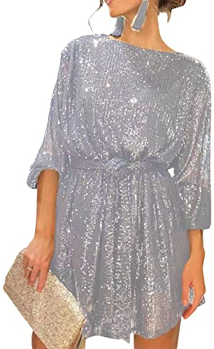 Fiacafyo Women Sparkle Glitter Mini Dress Long Sleeve Crew Neck Loose Fit Short Dress Cocktail Party Club Dresses with Belt (B-Silver, S)