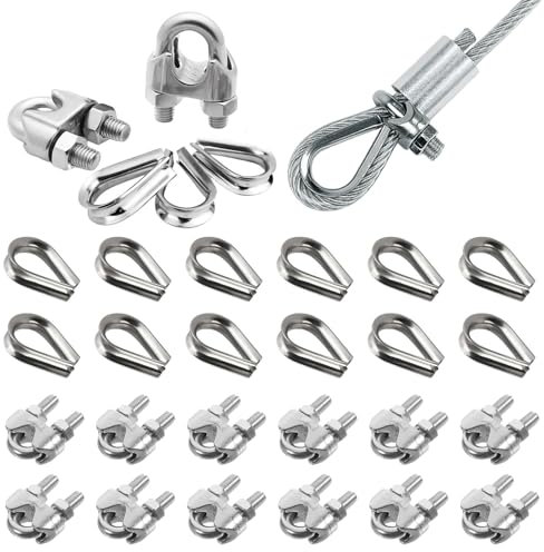 Prmape 24 Piezas Abrazaderas de Cable 5mm, 12pcs Abrazadera de Cuerda de Alambre+12pcs Dedal de Cuerda de Alambre, Tensor Cable Acero M5 para Cable de Cuerda 5mm