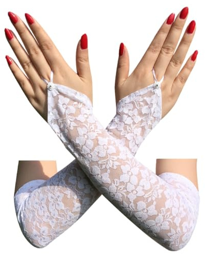 Visxcnu Guanti Lunghi in Pizzo da Sposa Vintage per Donna, Guanti da Sera in Pizzo Bianco con Motivi Floreali, Aderenti e Lavabili a Mano