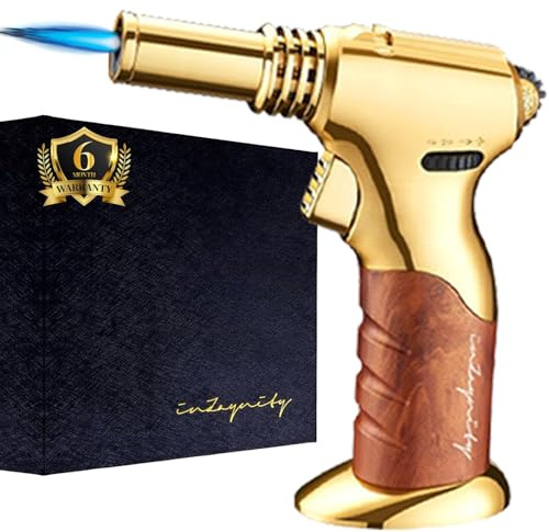 Dual Flame Butane Torch Gun – Refillable Handheld Mini Blow Torch for Cooking, Crème Brûlée, Welding, Soldering, Resin Art – Adjustable Flame & Ignition Lock–Limited Gold Brown by inZaynity