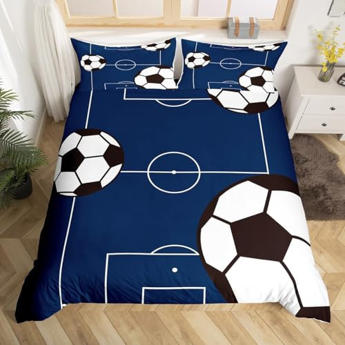 Loussiesd Juego de ropa de cama con diseño de balón de fútbol, funda de edredón para niños, niñas, adolescentes, temática deportiva, transpirable, ropa de cama individual
