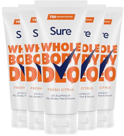 Sure Deodorant Cream Fresh Citrus, Pack of 5, Whole Body Deodorant for Women Aluminium Free Deo Cream with Fresh and Floral Fragrance Provides 48-Hour Odour Control, 75 ml