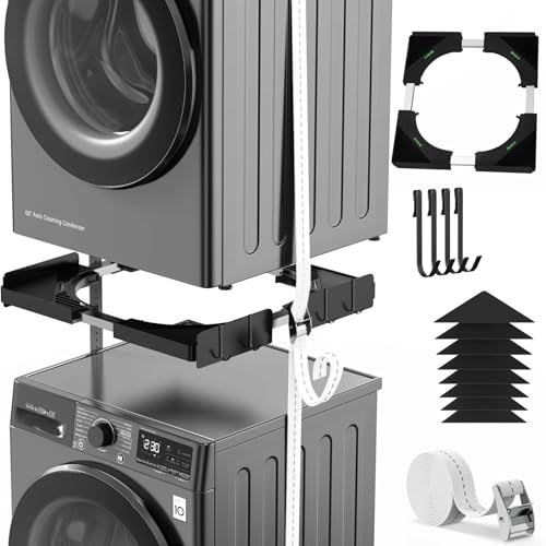 Ultradünn Universal-Stapelset für Waschmaschine & Trockner,Tiefenverstellung 45-68 cm,Schwarz Ratschenseil + 4 Haken,TÜV-geprüfte Sicherheit,Platzsparend & vibrationsarm (Schwarz Dünn)
