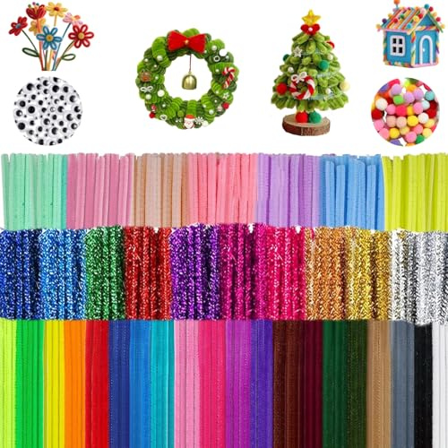 600 limpiapipas para manualidades, 27 colores, 400 alambre de chenilla, 100 pompones de alambre de chenilla y 100 ojos flotantes, autoadhesivos, limpiapipas multicolor para manualidades creativas
