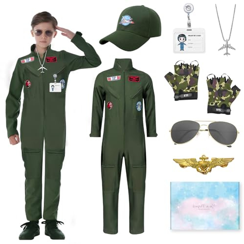 COYBTO Costume Pilota Bambino, Vestito da Aviatore con Cappello Guanti Mimetici Occhiali, Costume da pilota per bambini, Regalo per Bambino, Compleanno Cosplay(150)