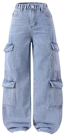 TYUSGH Jeans cargo para niñas, holgados, de pierna ancha, vintage, pantalones de mezclilla casuales para adolescentes, ropa de calle, pantalones elásticos de cintura alta y ajuste relajado