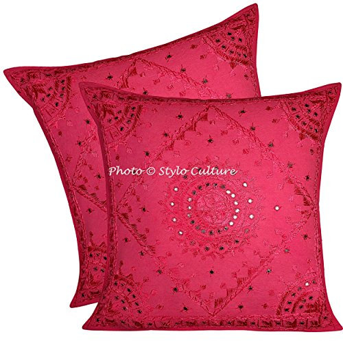 Stylo Culture Ethnicas Funda Almohadon Decorativos 60x60 cm Algodón Espejado Fundas para Almohadones Silla Rosa 24x24 Inch Bordado Cuadrado sobre Fundas Cojines Sofa - 2 Pcs