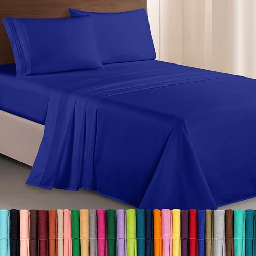 Elegant Comfort Luxurious 1500 Premium Hotel Quality Microfiber Three Line Embroidered Softest 4-Piece Bed Sheet Set, Wrinkle and Fade Resistant, King, Royal Blue