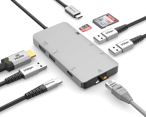 EZQuest USB-C Multimedia Hub Adapter 8 Anschlüsse (HDMI 4K 30Hz, 100W USB-C PD 3.0, Gigabit Ethernet, 3X USB 3.0, SD & Micro SD) für MacBook Air, MacBook Pro, XPS und mehr