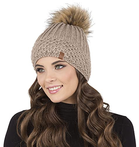 Vivisence Berretto Donna con Pompon Caldo Ideale per L’Inverno 7016, Beige,Taglia Unica
