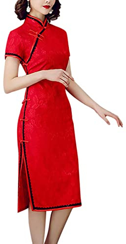 Women's Floral Lace Cheongsam Qipao Dress Short Sleeve Mandarin Collar Midi Sheath Dress (102# Red, Large)