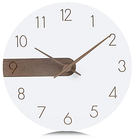 Lafocuse Reloj de Pared Blanco Madera Moderno, Silencioso Reloj con Números Tallado, Minimalista Clasico sin Tictac para Salon Cocina Oficina 30cm