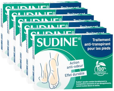 SORIFA - Förpackning med 6 - Sudine Powder Antiperspirant behandling - fot - reglerar svettning - förhindrar mykos - utan aluminiumsalter - tillverkad i Frankrike - låda med 6 dubbla påsar