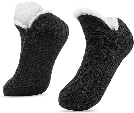 SIHOHAN Kuschelsocken Herren, Dicke Kurze Pantoffelsocken Rutschfeste, Flauschige Winter Stricksocken Stoppersocken mit ABS Anti Noppen Warme Bettsocken 43-46 (Schwarz)