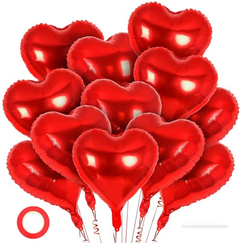12 Pcs Red Heart Balloons,18 Inch Heart Foil Balloons Love Balloon Valentine Balloon for Birthday Party Wedding Engagement Party Baby Shower Valentine Day Decorations