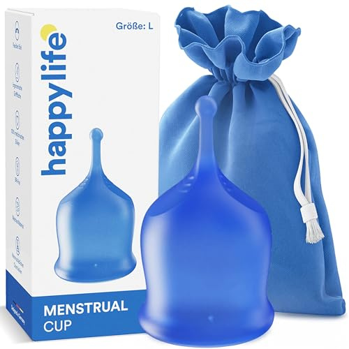 HappyPo Copa menstrual tamaño L – Azul | 100% silicona médica | Mango flexible | Diseño ergonómico | Sin BPA | Material suave | Incluye bolsa de tela