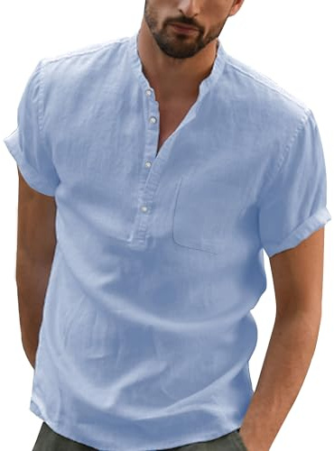 DUOLUVA Camisa de lino para hombre de manga corta con cuello Mao Camisa de verano para hombre ligero de algodón y lino camisa de playa clásica casual