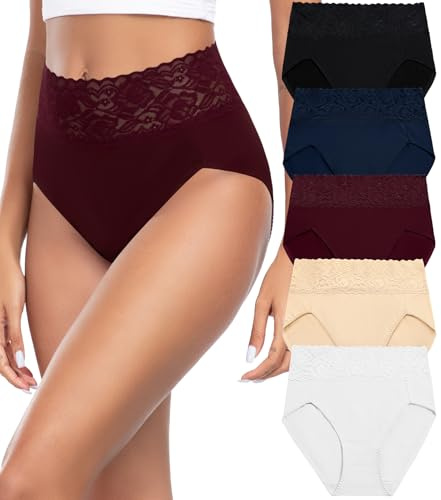 Wealurre Bragas Mujer Algodon Cintura Alta Encaje Braguita de Talle Alto Culotte Cómodo Talla Ropa Interior Pack de 5,L,Wine Red