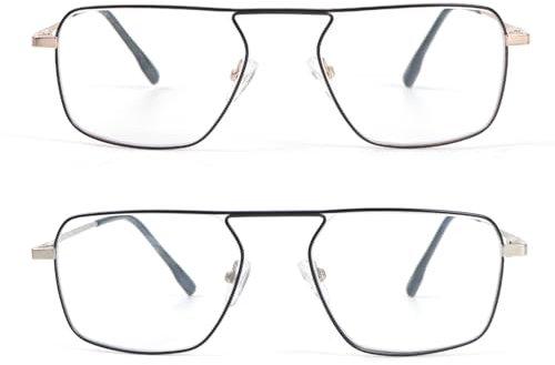 kollyseek 2 pack Occhiali da lettura retrò da donna uomo, telaio per computer leggero blu Metal Pilot Frame(2.0, Nero Argento oro)
