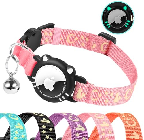 AgoumLux Collar para Gatos con Soporte Airtag, Antiahogo y Reflectante GPS con Campana para Gatitos, Rosa, S