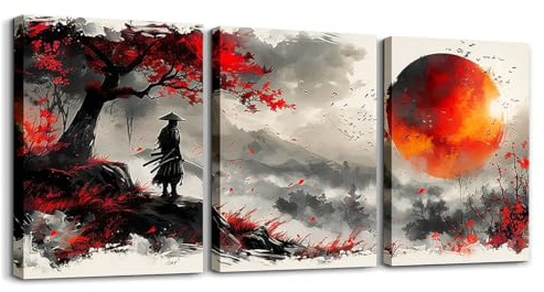 Japansk samuraj kanvas väggkonst set med 3, röda körsbärsblommor tryck affisch tryck svart och vit Japan krigare affisch bushido tryck väggdekor, vintage stil konstverk heminredning väggkonst