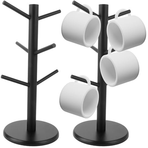 AKOLAFE 2 Stück Tassenhalter Tassenregal Schwarz Tassenständer mit Dickem Boden 34x16cm Becherträger Stehend Brezelständer Tassenregal Holz mit 6 Haken Tassenhalter Schrank für Büro Küche Tischplatte