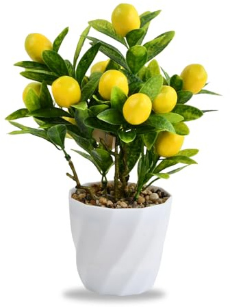 Focenat Mini artificiell citron bonsai, falsk krukväxt för hem skrivbord