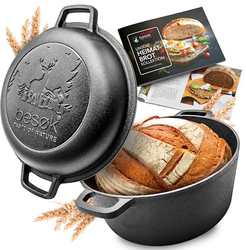 besok 26cm Gusseisen Topf Brot backen - Brotbackform mit Deckel für selbstgemachtes Brot - Ideal als Brotbacktopf, Brotbackzubehör, Gusseisentopf, Brottopf, Brotform, Gusstopf, cast iron pot