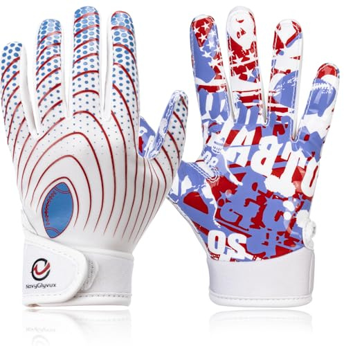NavyGlyvux Youth Football Gloves, Super - Sticky Receiver Gloves for Kids Boasting Unbeatable Grip - The Perfect Present for Boys and Girls,Blue/White XS/S