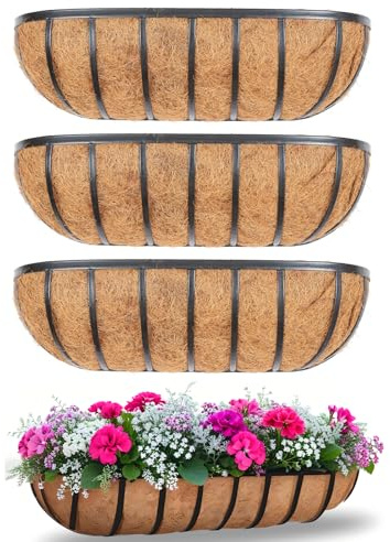 Lykvrii 4Pcs Large Wall Trough Rail Planters 24 Inch/61cm, Heavy Duty Metal Planter Box with Coconut Coir replacement, Gardening Kit for Window Box Porch Balcony & Outdoor Fences