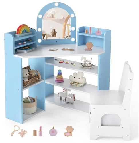 HONEY JOY Corner Kids Vanity with Lights, Wooden Princess Makeup Dressing Vanity Desk with Open Storage Shelves, 2 in 1 Toddler Vanity Table & Chair Set with Lighted Mirror for Little Girls(Blue)