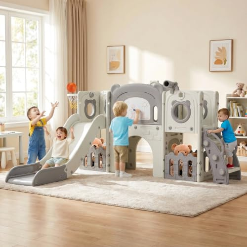 MAMIZO 10 in 1 Scivolo per Bambini, Scivolo Giocattolo da Interno o Esterno Canestri da Basket e Telescopi, Scivolo da Giardino Spazio di Deposito e Tunnel, mit 4PCS Moduls, Grigio Bianco