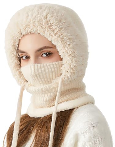 Youkly 3 in 1 Beanie Hat for Women, Winter Warm Knitted Cap with Scarf & Face Mask, Women Knit Balaclava Windproof Winter Hat for Outdoor Skiing Hiking Winter Gift (Beige)