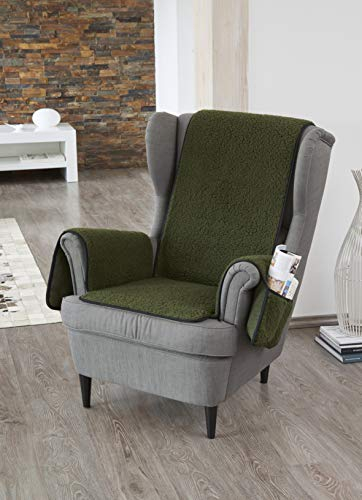 Schurwoll-Sesselschoner mit Armlehnenschoner, Grün, Flor aus 100% Schurwolle, Mittelteil ca. 160 x 50 cm, Armlehnenschoner ca. 60 x 40 cm