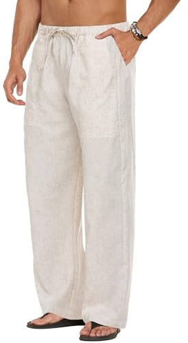 COOFANDY Mens Linen Cotton Pants Loose Fit Casual Linen Pants Summer Beach Pants