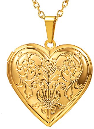 U7 Collier Femme Médaillon pour Photo Plaqué Or Personnalisé Chaîne Pendentif Doré Ouvrable avec Motif Fleurs