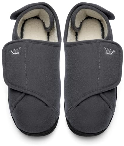 Happy Touch Mens Extra Wide Width Diabetic Slippers Memory Foam With Adjustable Soft Non-Slip Orthopedic House Shoes for Elderly Swollen Feet, Arthritis, Edema, (Grey/White, 12)