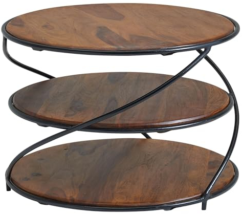 FineBuy Couchtisch Sheesham Massivholz rund Ø58 cm mit 3 Ablagen, Handgefertigter Wohnzimmertisch aus Holz & Metall, Design Beistelltisch im Industrial Stil Braun