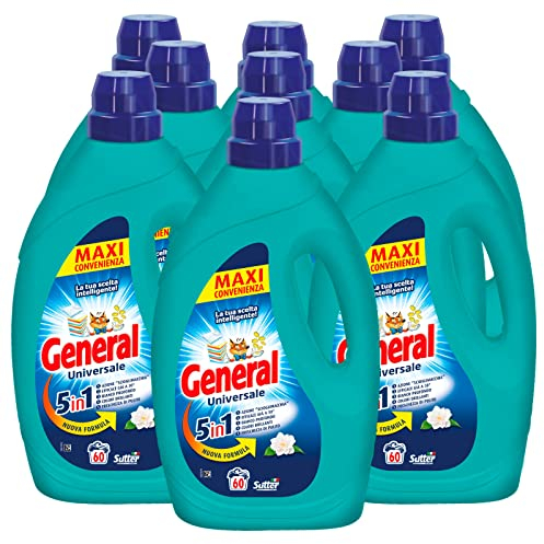 9x detersivo liquido General Universale 5in1 per Lavatrice 60 Lavaggi - 9 Flaconi da 2,7L ognuno