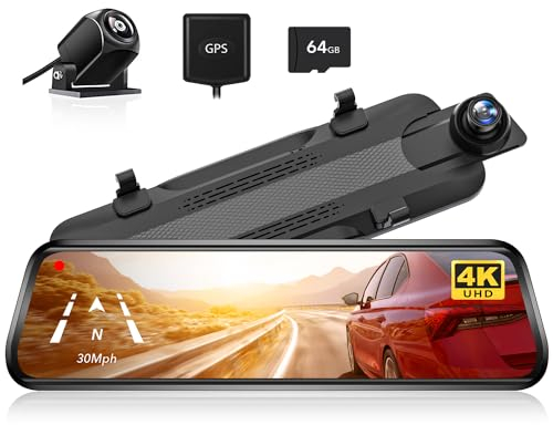 WOLFBOX G930 10'' Rückspiegel Kamera mit 5.8GHz WiFi, 4K Dash Cam Vorne und Hinten mit WDR, Touchscreen Rückspiegel Rückfahrkamera, Parking Monitor, Reverse Assist, Inklusive 64GB Karte & GPS