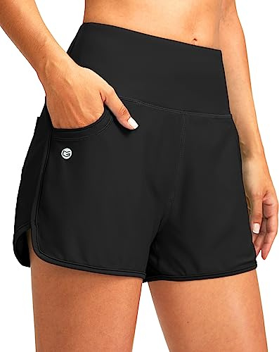 G Gradual Women's 3 High Waisted Swim Board Shorts with Pockets Quick Dry Swimsuit Bottoms Bathing Suit for Women with Liner(Black,M)